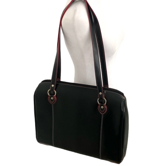 McKlein Glenview Black Red Leather Laptop Shoulder Bag - Picture 3 of 16